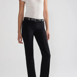 Front view of black tuxedo julep pant on model wearing white t-shirt and flats, against a white background.