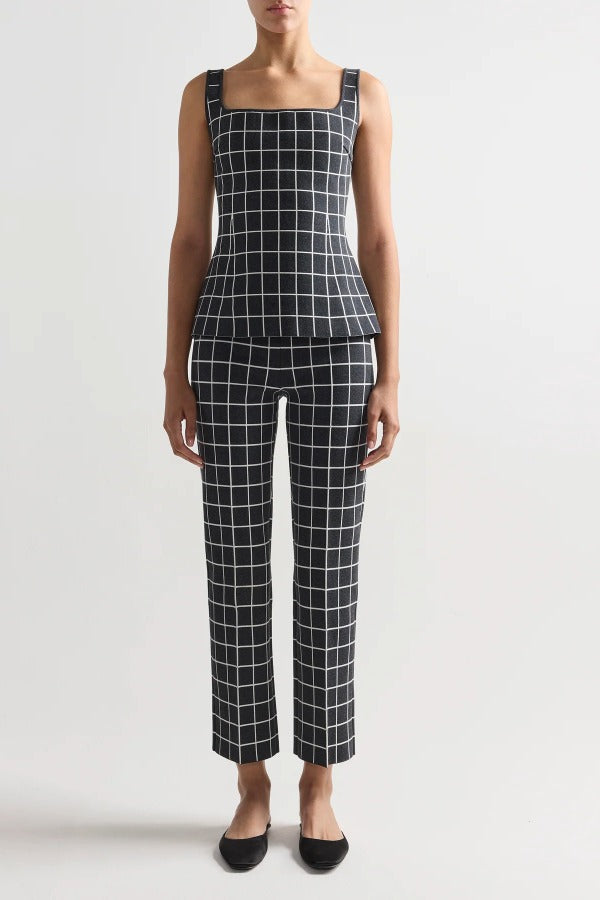 Front view of charcoal combo louis pants on model wearing inna charcoal combo top and flats, against a white backgorund.