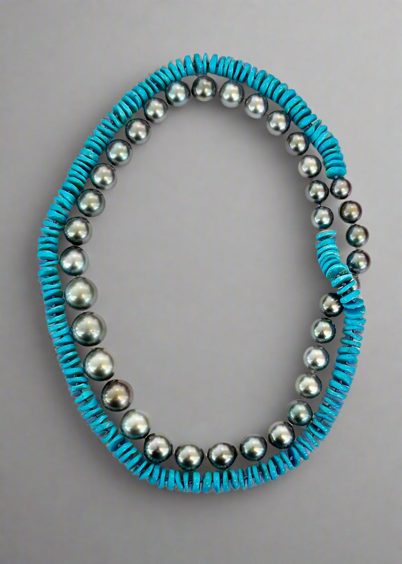 Sleeping Beauty Turquoise Heishi and Tahitian Round Pearls