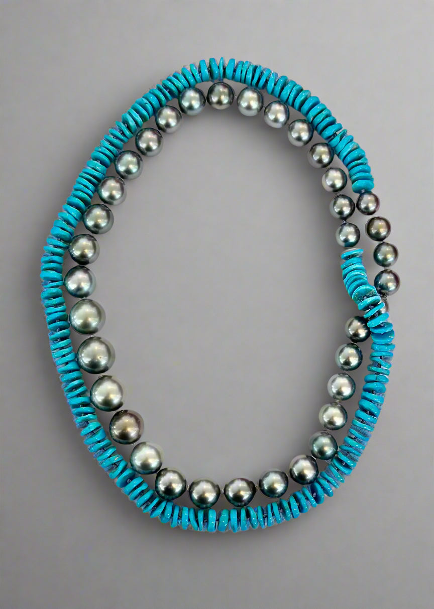 Sleeping Beauty Turquoise Heishi and Tahitian Round Pearls