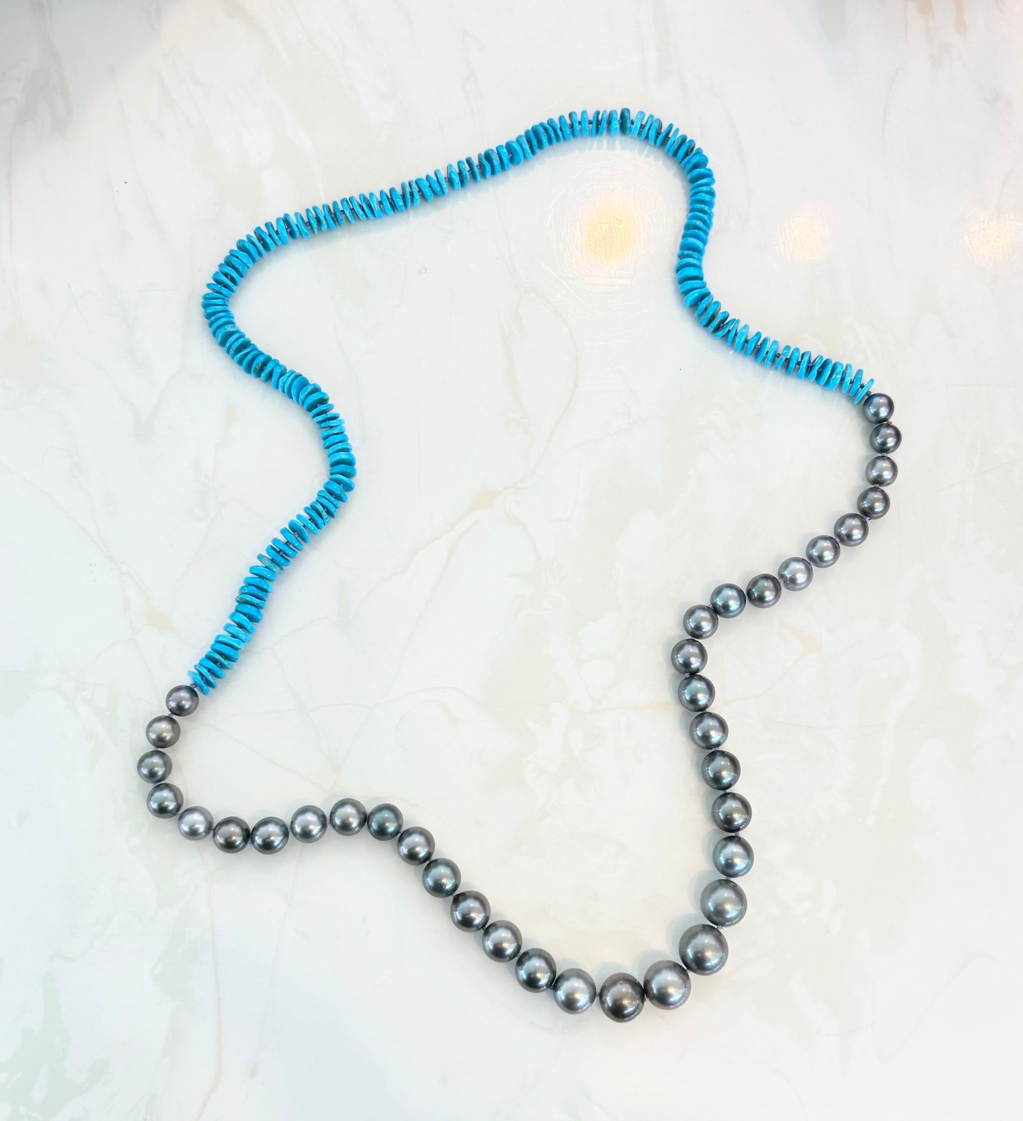 Sleeping Beauty Turquoise Heishi and Tahitian Round Pearls