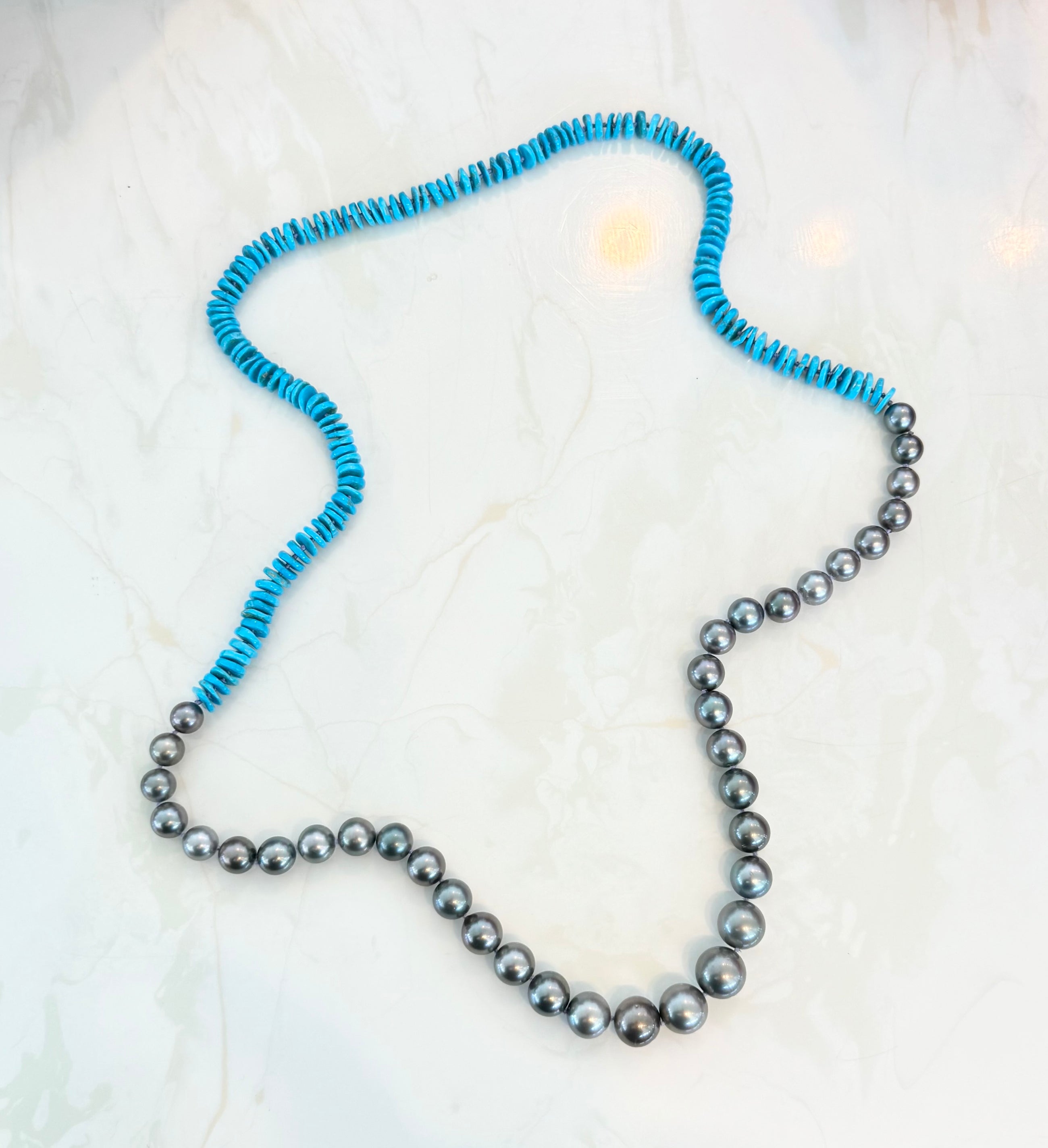 Sleeping Beauty Turquoise Heishi and Tahitian Round Pearls