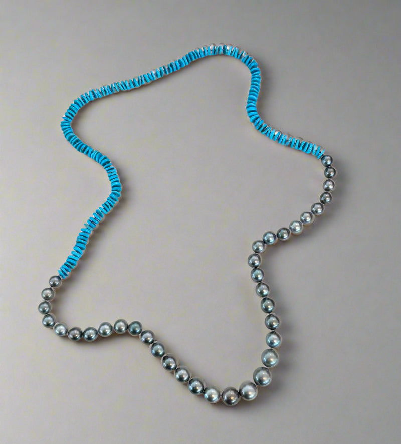 Sleeping Beauty Turquoise Heishi and Tahitian Round Pearls