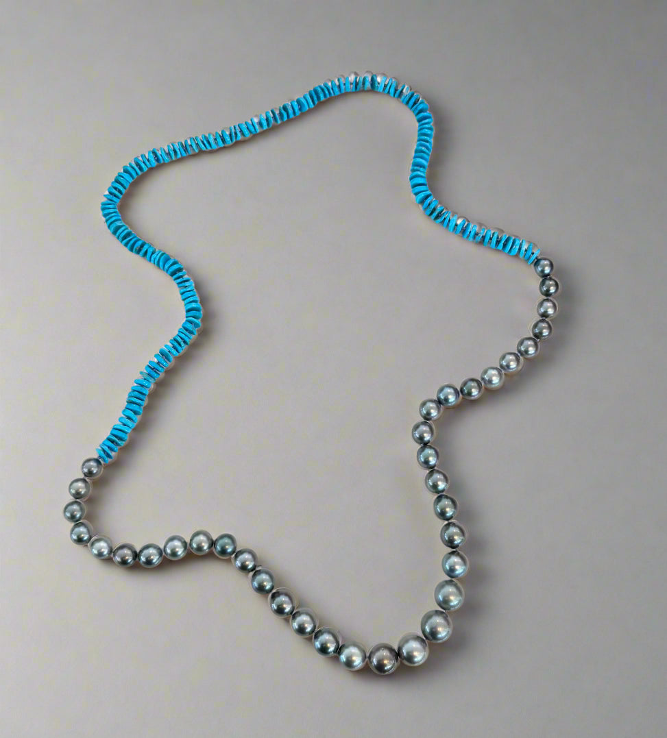Sleeping Beauty Turquoise Heishi and Tahitian Round Pearls