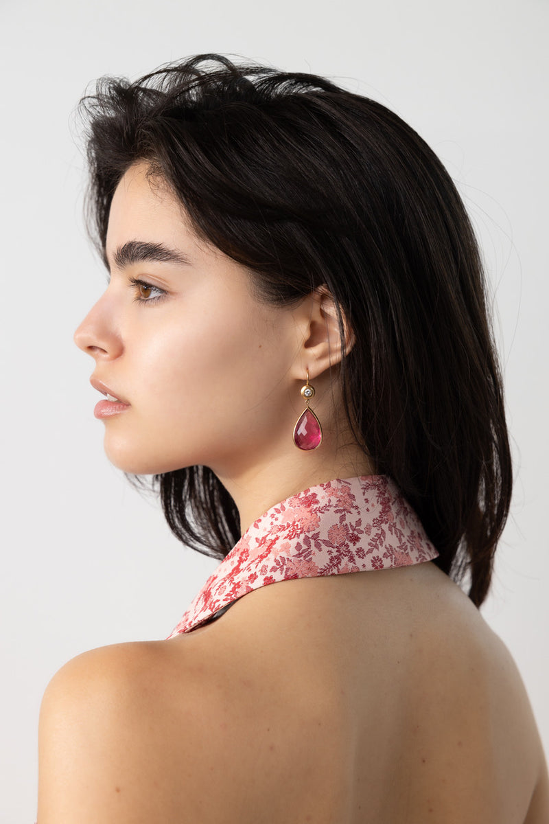 22K Rose Gold Pearshaped Rubelite and Diamond Earrings