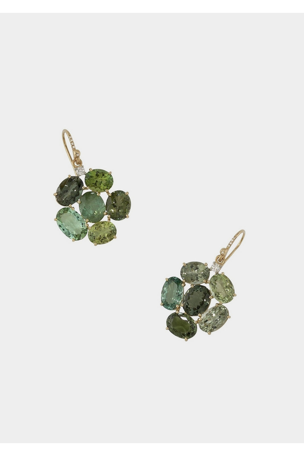 18K Yellow and White Gold Earrings Set with Green Tourmaline and Full Cut Diamonds on Diamond Pavé Hooks