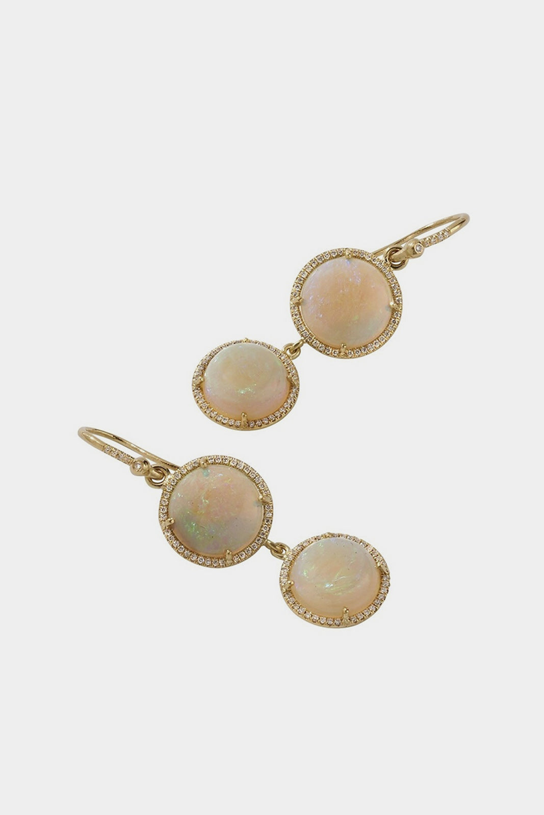 18K Yellow and White Gold Earrings Set with Opal and Diamond Pavé on Pavé Hooks