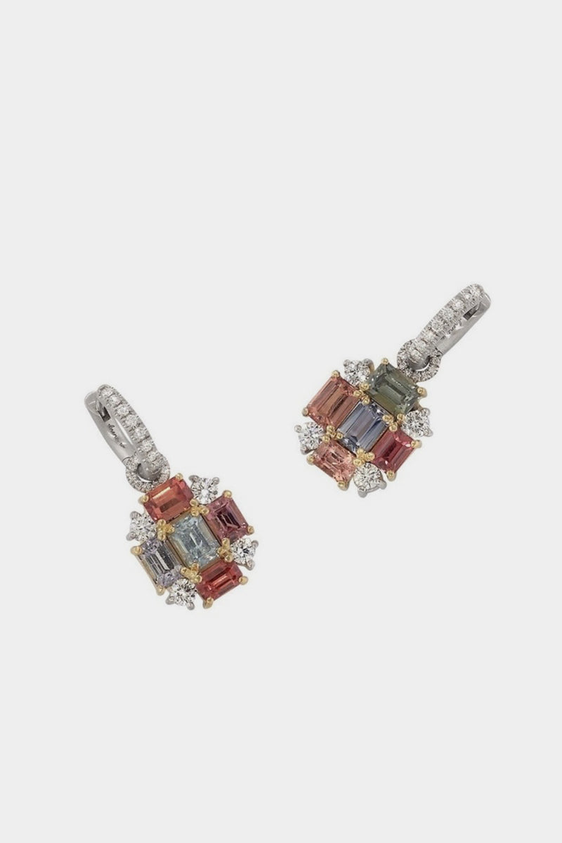 18K Yellow and White Gold Earrings Set with Sapphire and Full Cut Diamonds on Diamond Pavé Huggies