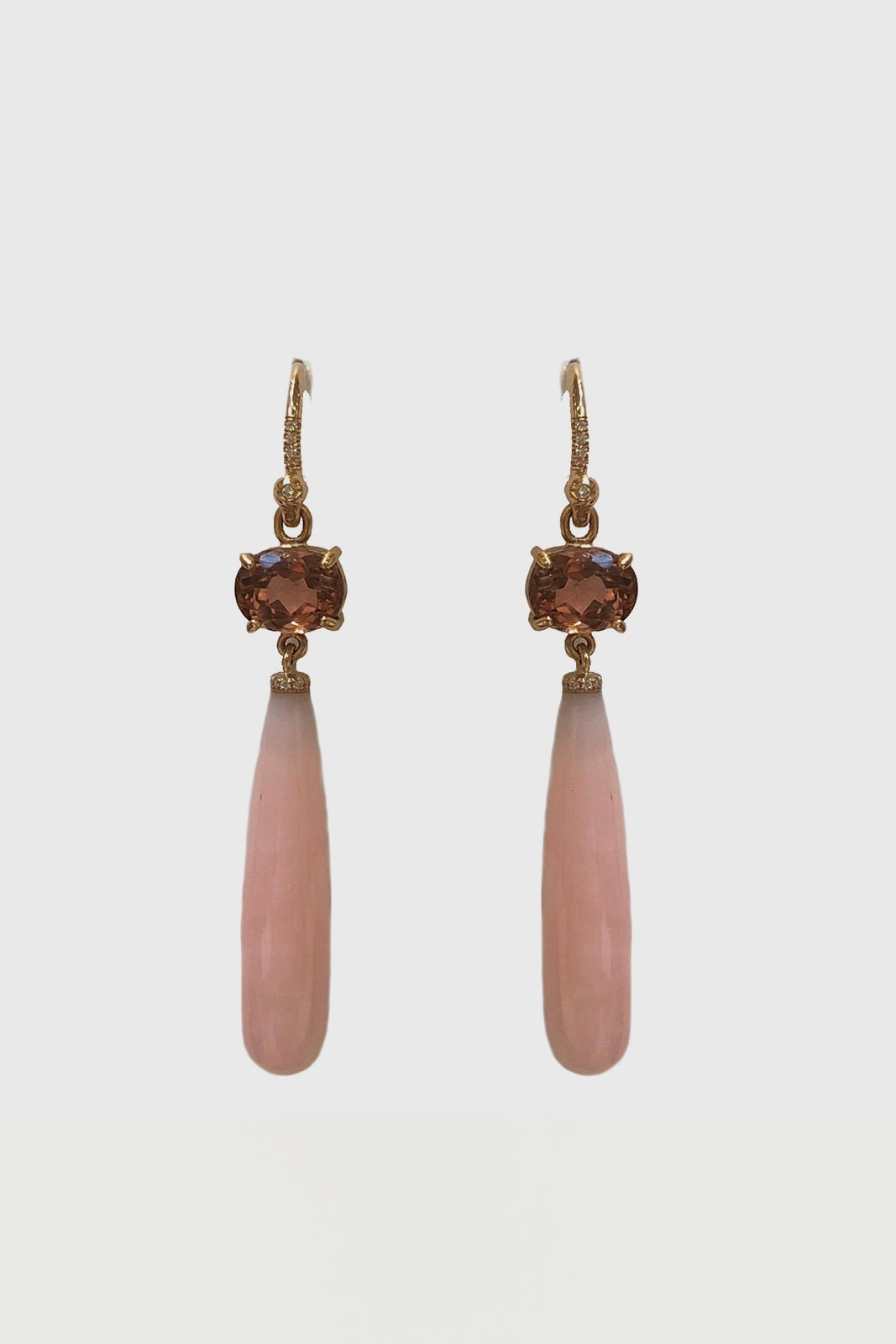 18K Rose Gold Earrings Set with Pink Tourmaline (3.52cts), 32 x 7mm Pink Opal, and Diamond Pave (0.05cts)