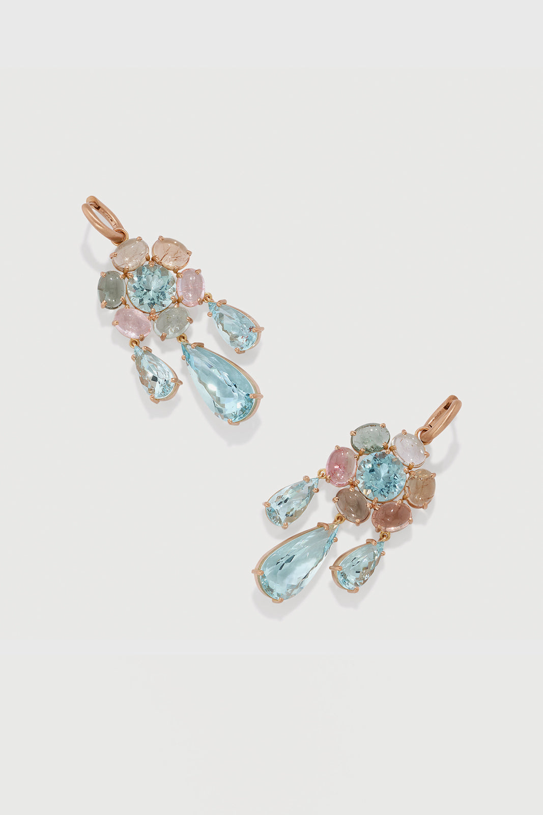 One of a Kind Gemmy Gem 18K Rose Gold Huggie Earrings set with Aquamarine and Tourmaline