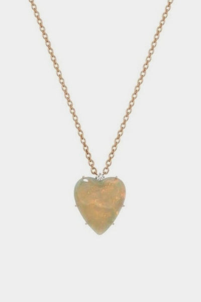 18K Rose and White Gold 16" Necklace with Carved Opal Heart and Full Cut Diamond