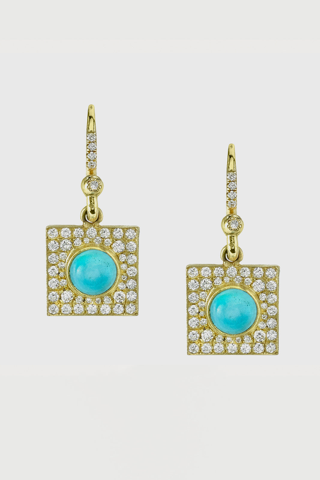 18K Yellow Gold Square Turquoise and Diamond Earrings