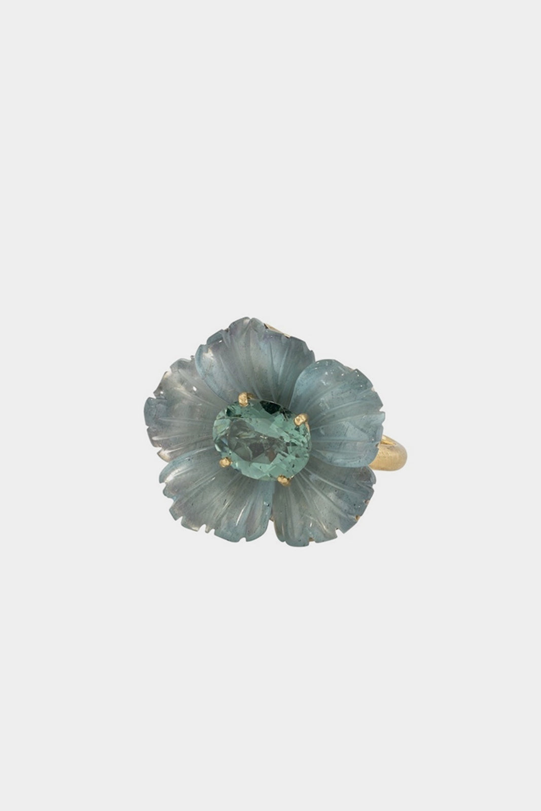 18K Yellow Gold Tropical Flower Ring with Carved Aquamarine and Tourmaline Center