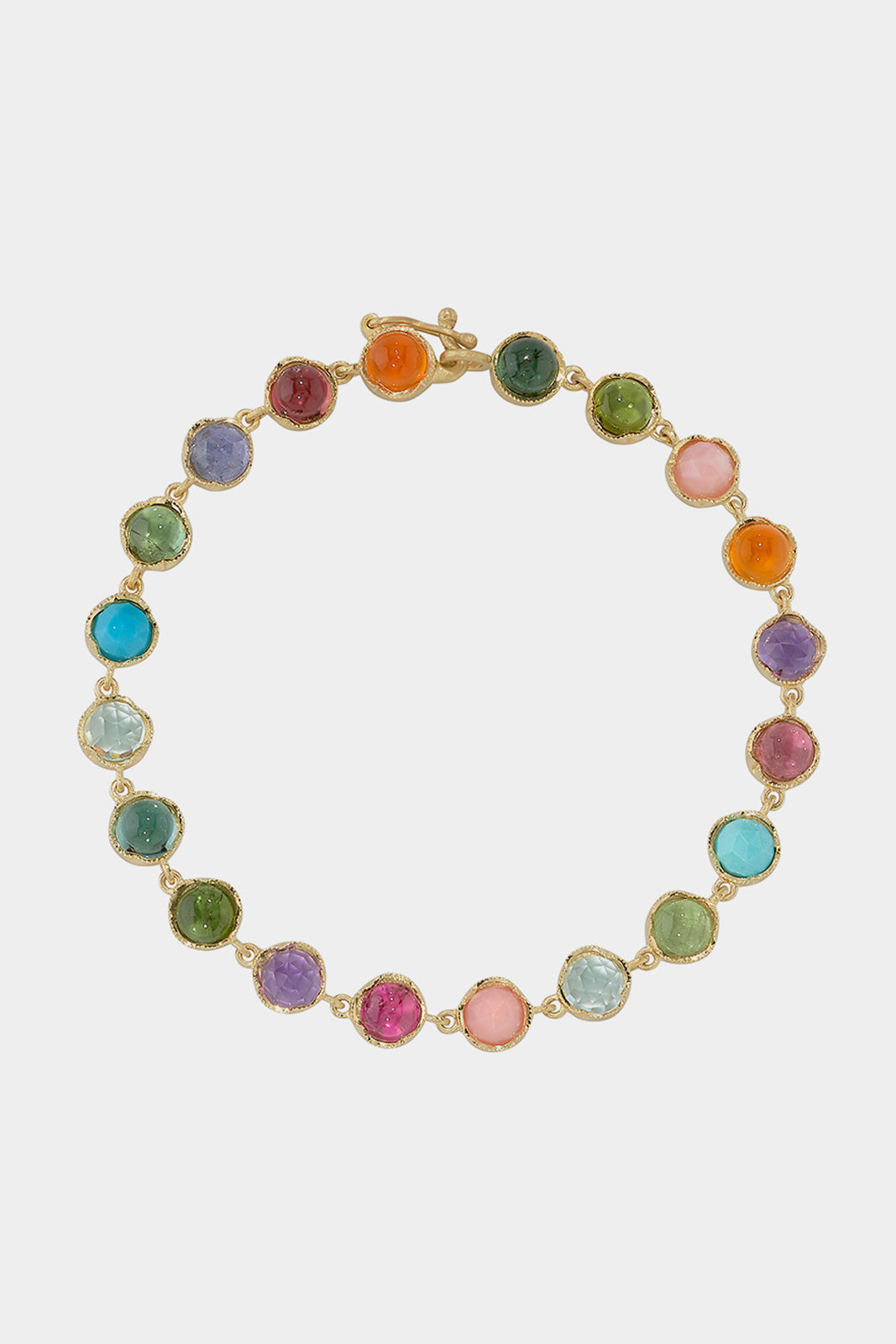 18K Yellow Gold 7" Bracelet with Green Tourmaline, Pink Opal, Carnelian, Amethyst, Tanzanite, Indicolite, Pink Tourmaline, Turquoise, & Aquamarine