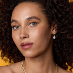Front view of 18K WG YG Earrings on model, against an orange background.