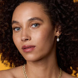 Front view of 18K WG YG Earrings on model, against an orange background.