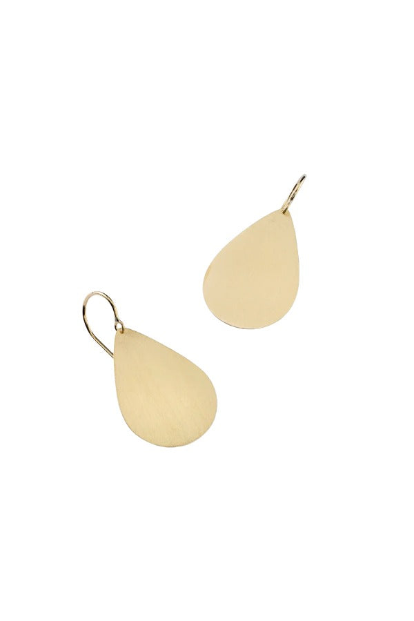 Front view of flat gold 18K YG Large Pear Drops on white background, with no model shown.