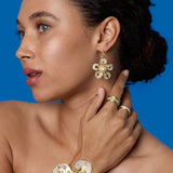 Alternate side view of 18K YG WG 3mm Ring on model, against a blue background.