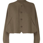 Front view of khaki campagne cardigan on white background, with no model shown.