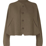 Front view of khaki campagne cardigan on white background, with no model shown.