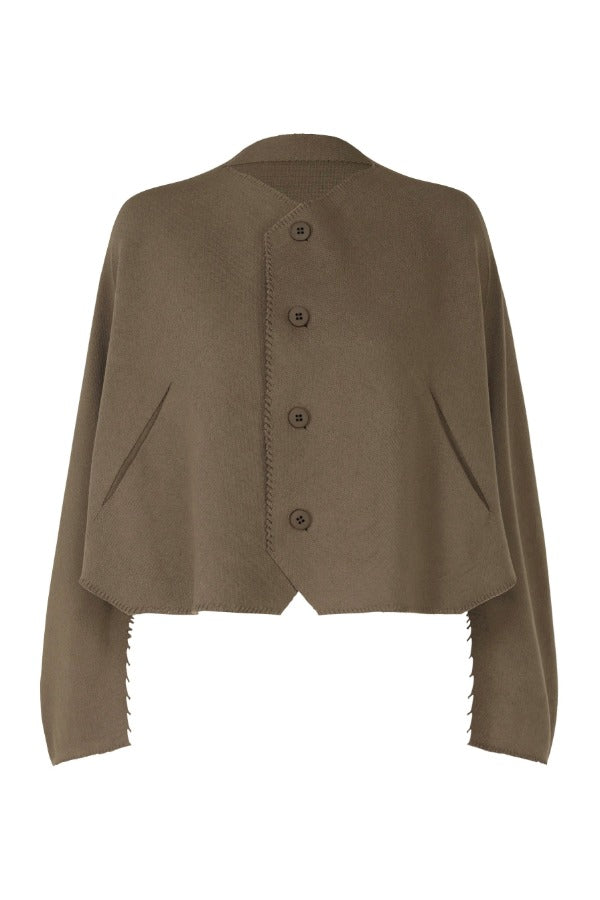 Front view of khaki campagne cardigan on white background, with no model shown.