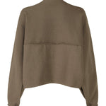 Back view of khaki campagne cardigan on white background, with no model shown.