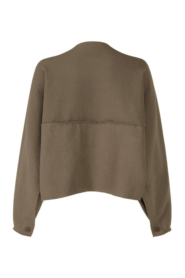 Back view of khaki campagne cardigan on white background, with no model shown.