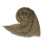 Front view of khaki coiled silk wool pleats stole on white background, with no model shown.