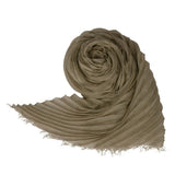 Front view of khaki coiled silk wool pleats stole on white background, with no model shown.