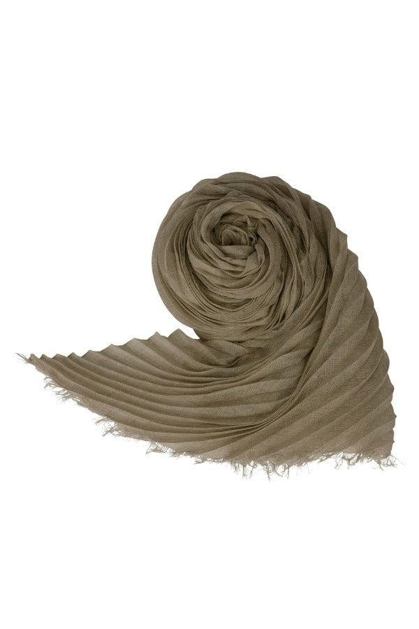 Front view of khaki coiled silk wool pleats stole on white background, with no model shown.