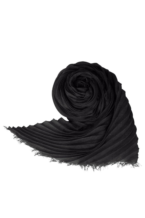 Front view of black coiled silk wool pleats stole on white background, with no model shown.