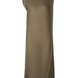 Front view of khaki soft fold pleats dress on white background, with no model shown.