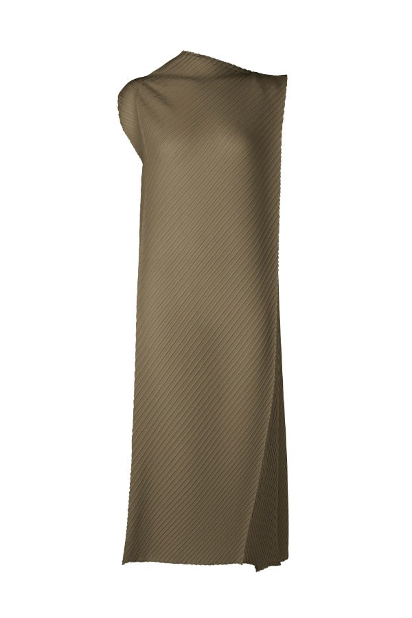 Front view of khaki soft fold pleats dress on white background, with no model shown.