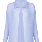 Front view of light blue wooly pleats shirt on white background, with no model shown.