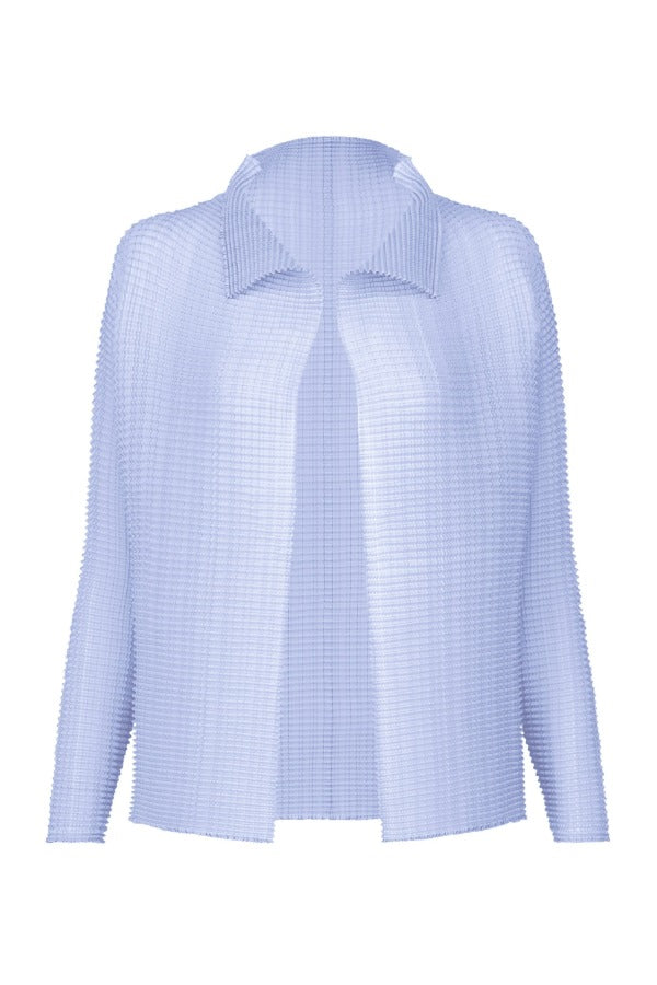 Front view of light blue wooly pleats shirt on white background, with no model shown.