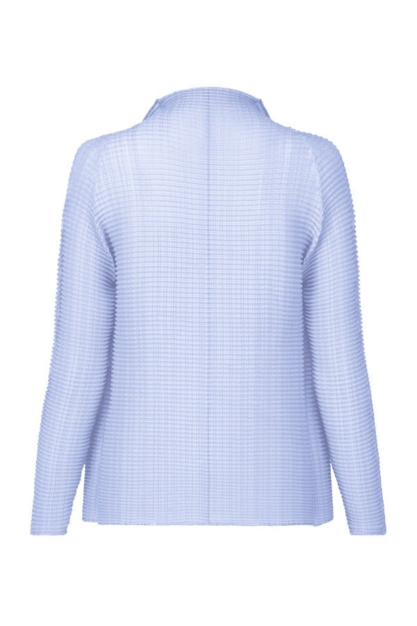Back view of light blue wooly pleats shirt on white background, with no model shown.