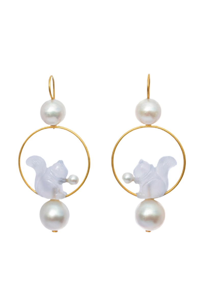 22K Yellow Gold Blue Chalcedony and Pearl Small Guileri Earrings