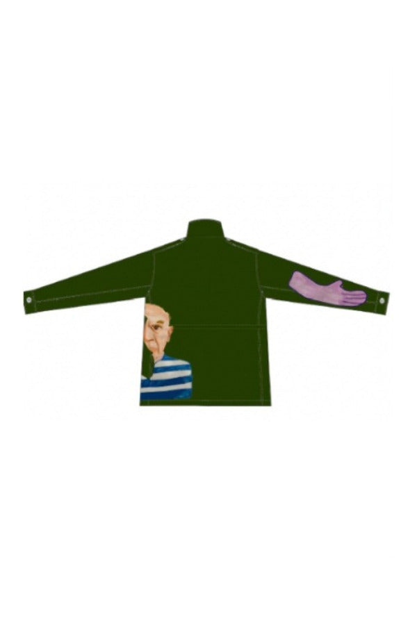 Back view of khaki happy vest jacket on white background, with no model shown.