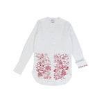 Front view of white/red feminine masculine shirt on white background, with no model shown.
