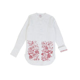 Front view of white/red feminine masculine shirt on white background, with no model shown.