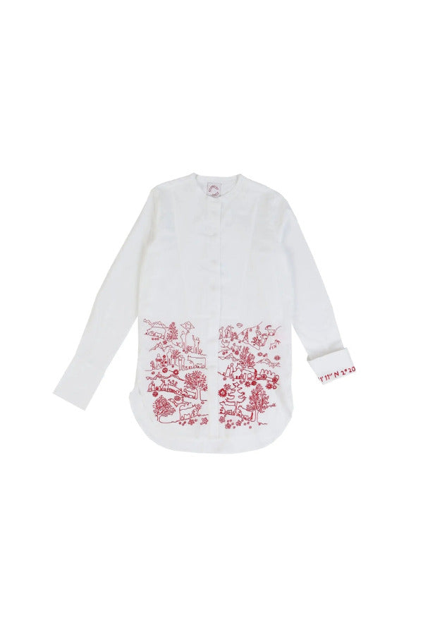 Front view of white/red feminine masculine shirt on white background, with no model shown.