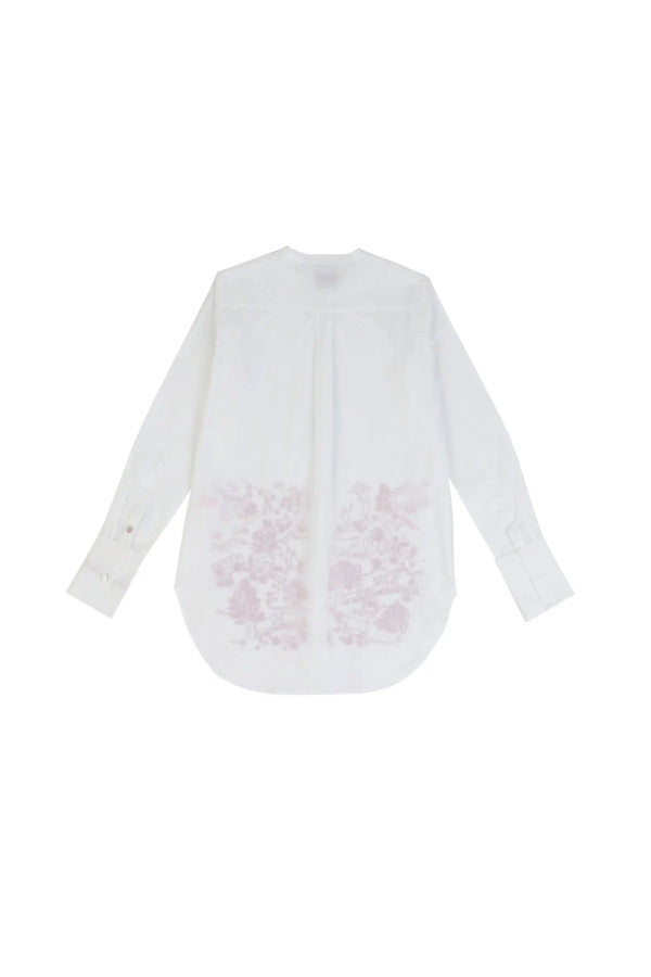 Back view of white/red feminine masculine shirt on white background, with no model shown.