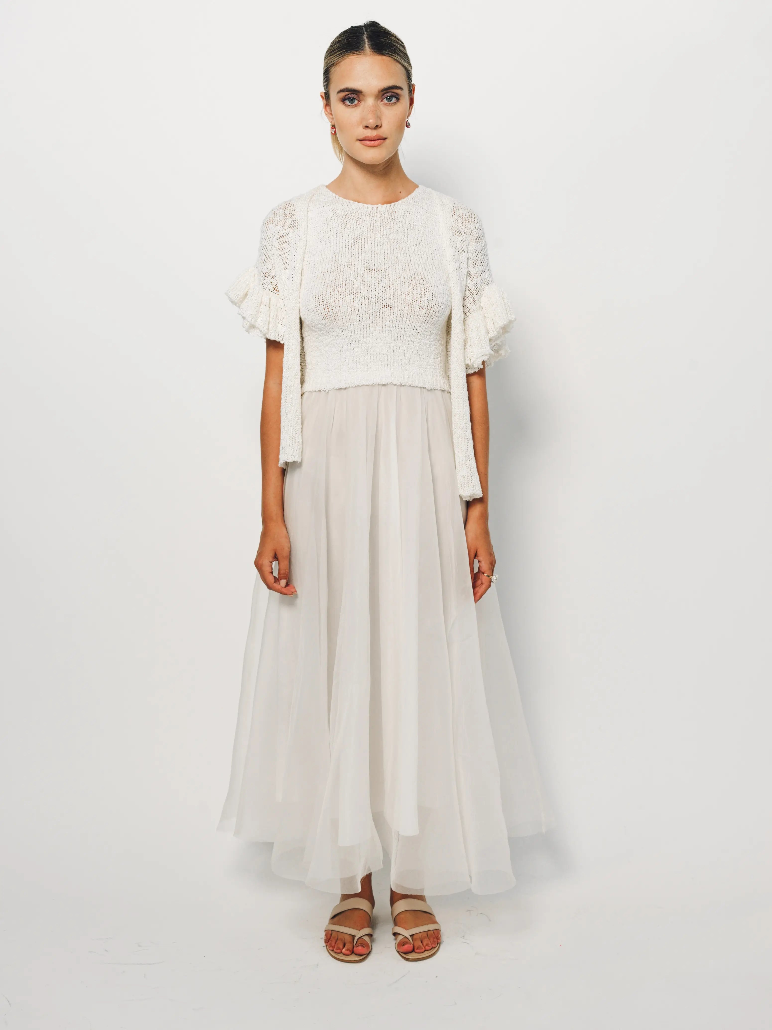 Louiza Babouryan Ruffle Sleeve Cardigan XS / White