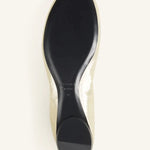 Sole view of gold ballerina flat on white background, with no model shown.