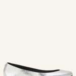 Right side view of silver ballerina flat on white background, with no model shown.