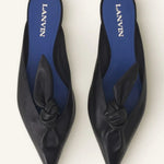 Overhead view of black flat mule bow on white background, with no model shown.