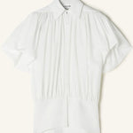 Front view of cloth puffy sleeves top on white background, with no model shown.