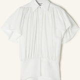 Front view of cloth puffy sleeves top on white background, with no model shown.