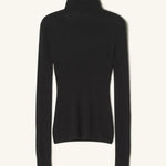 Front view of black turtleneck jumper on white background, with no model shown.