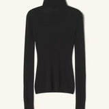 Front view of black turtleneck jumper on white background, with no model shown.